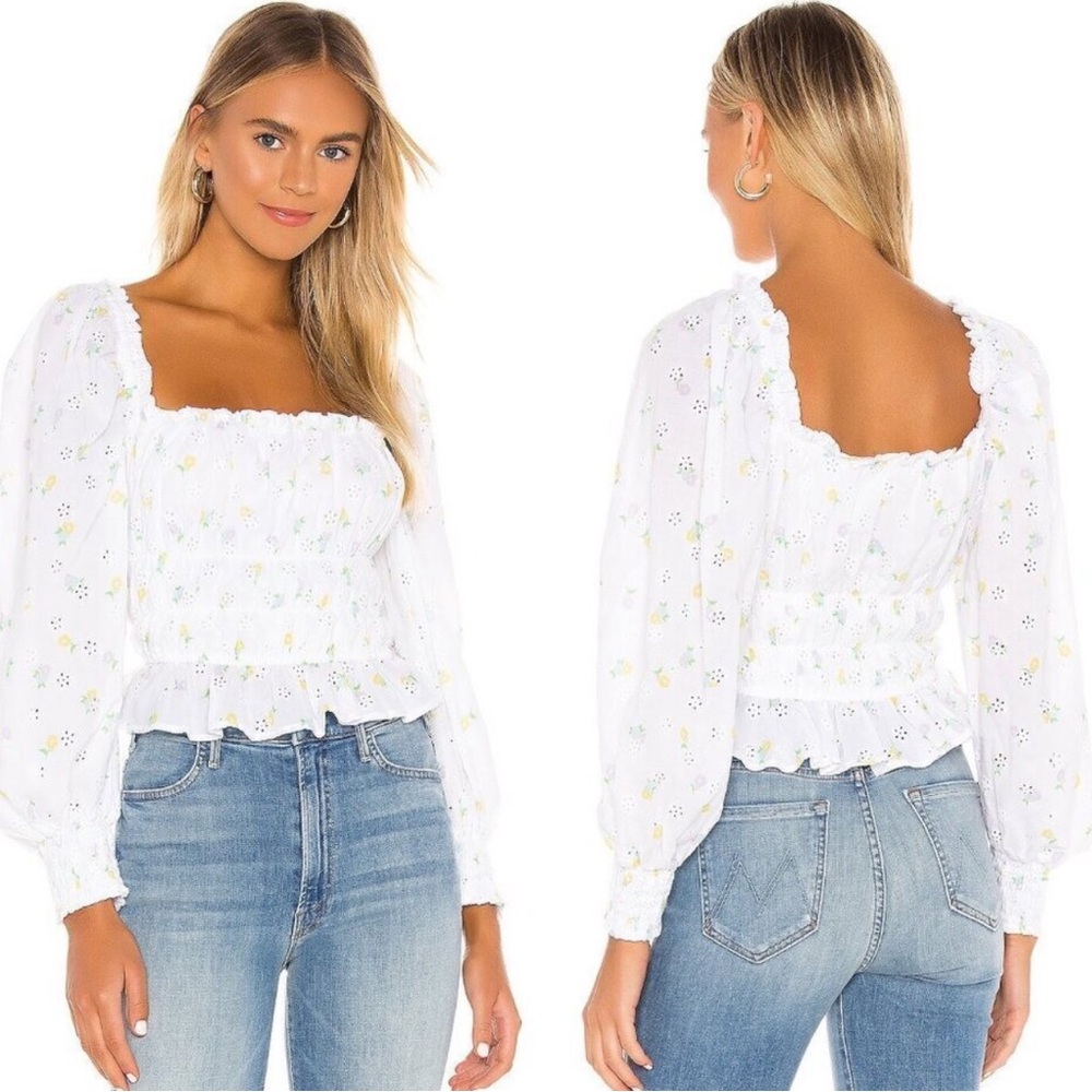 FOR LOVE & LEMONS 🍋 Azalea Floral Eyelet Smocked Cropped Top ~ Off White